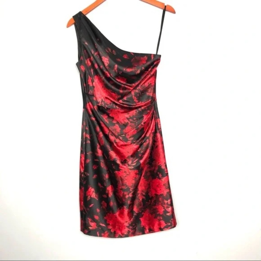 CACHÉ one shoulder zip side floral print satin dress